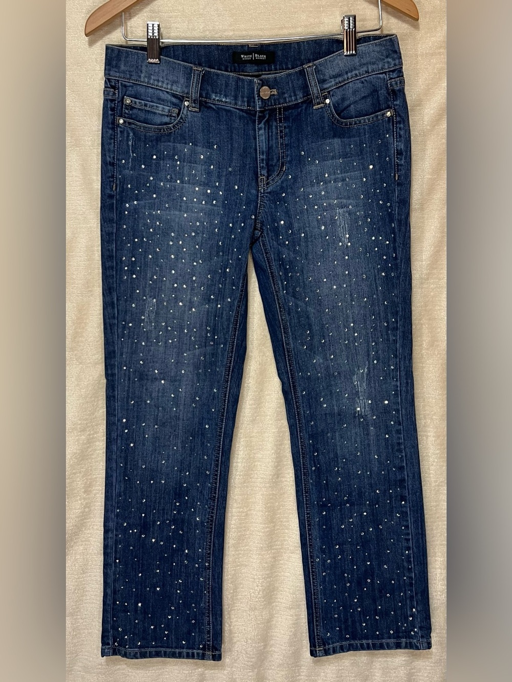 WHBM Noir 4 Crystal Studded Crop Jeans Dark Wash Stretch Denim